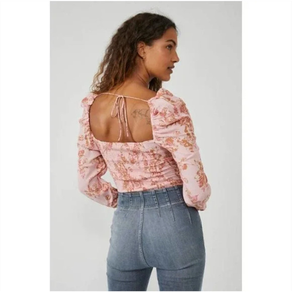 Free People NWT Floral Hilary Puff Sleeve Square Neck Top Pink Small OB1569574 - Picture 3 of 11
